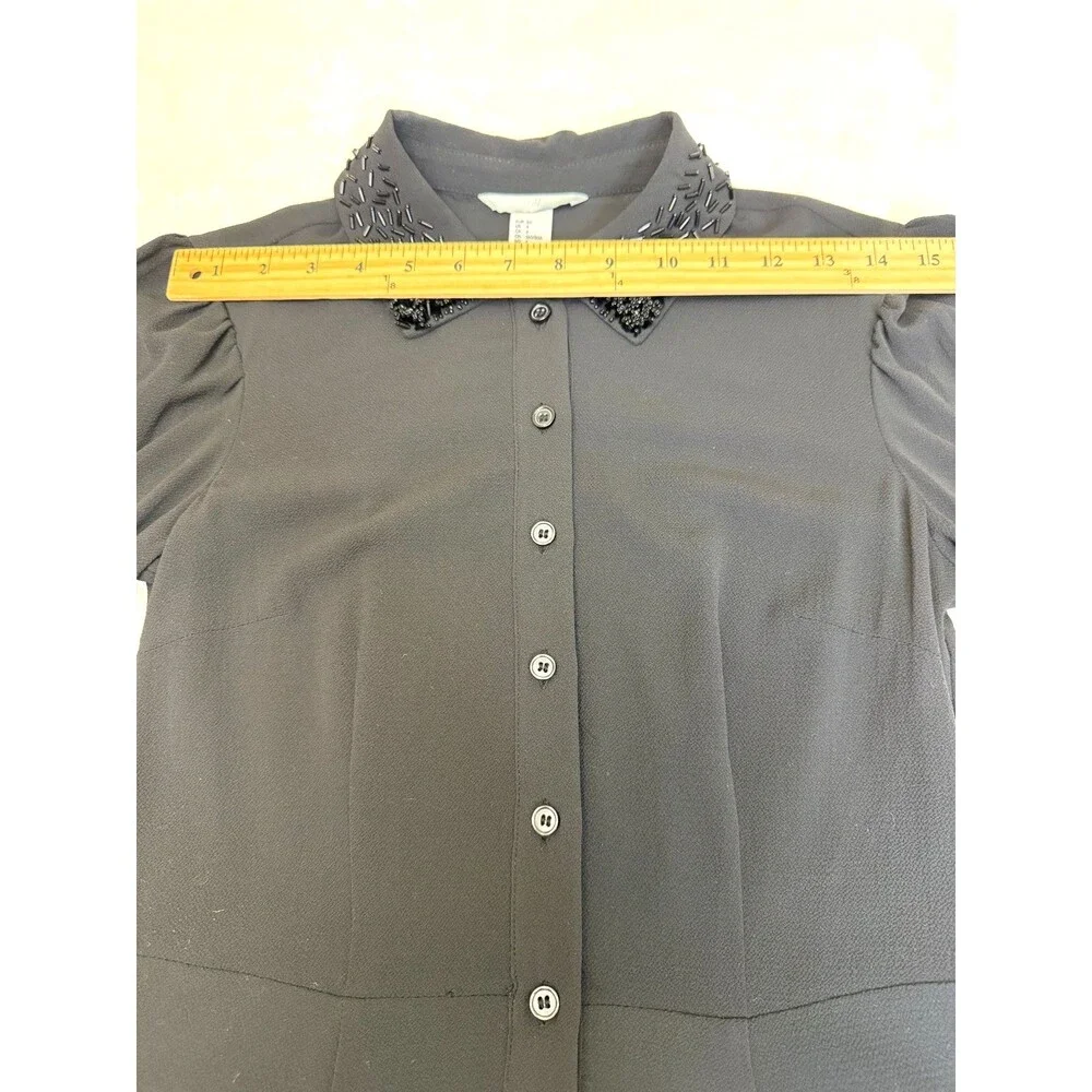 H&M Black Beaded Collar Shirt Dress US 4 Button Front Fit Flare Long Sleeve